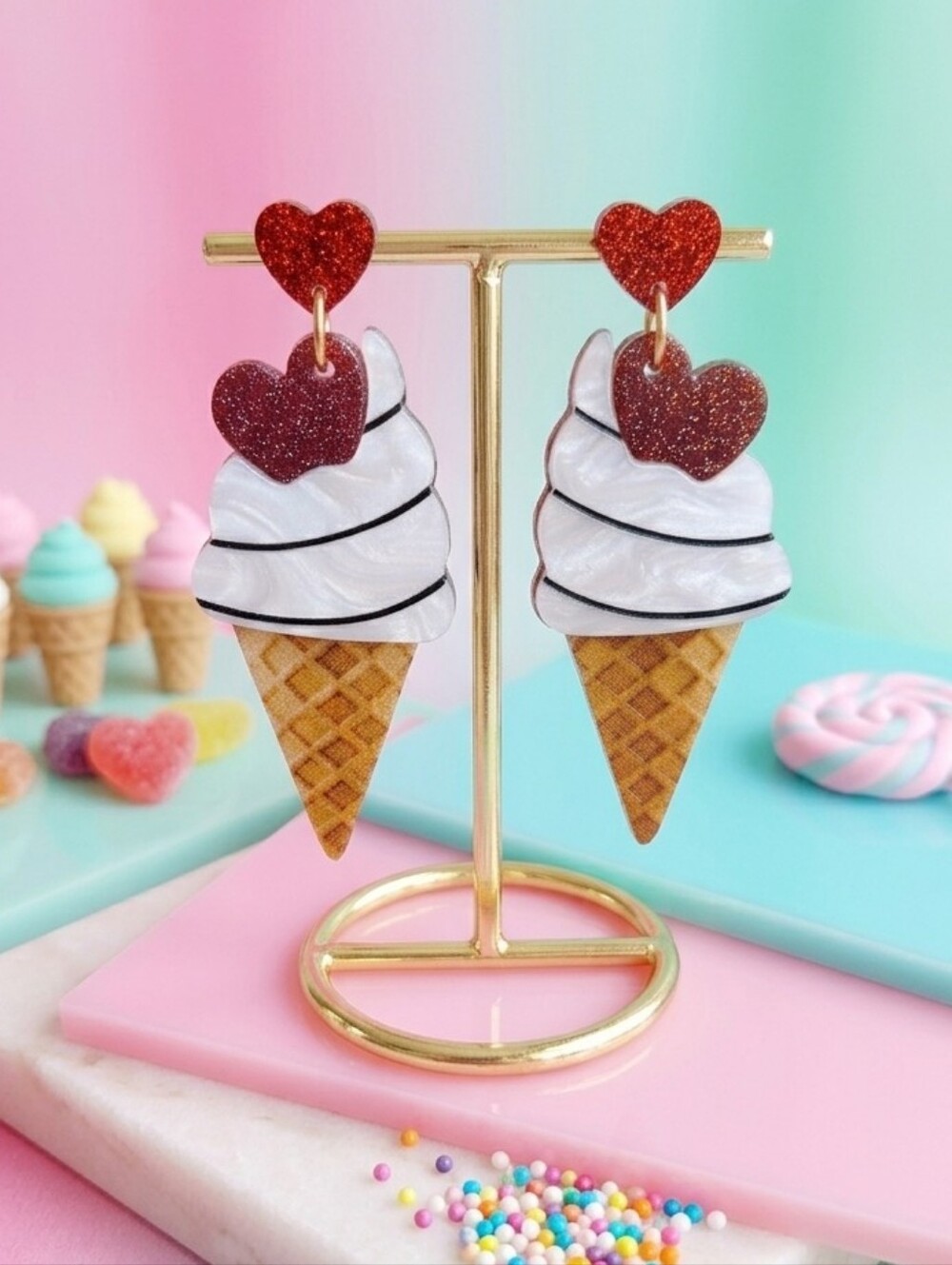 Ice Cream Cone Dangle Earrings Red Glitter Heart Acrylic Kawaii Summer Y2K 2.4in - Picture 13 of 16